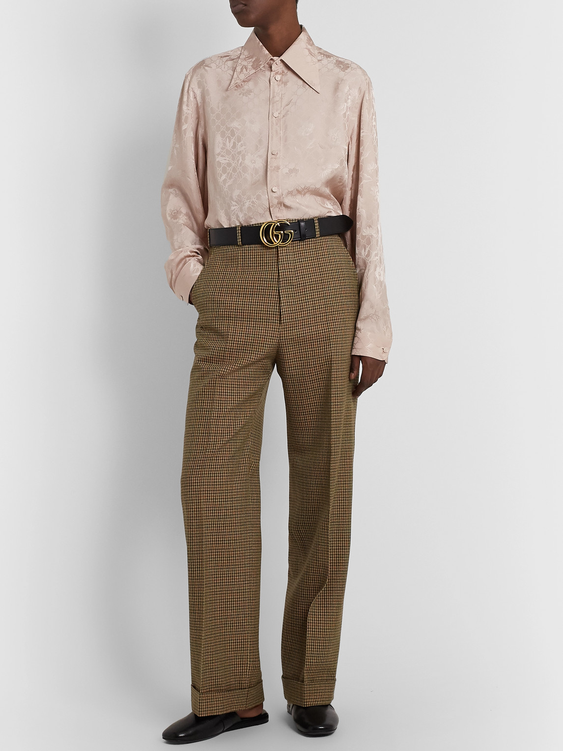 Gucci Wide-leg Micro-checked Wool Trousers In Brown