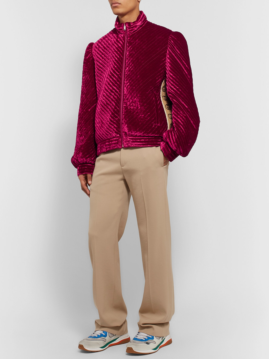 Gucci Logo-jacquard Webbing-trimmed Quilted Padded Velvet Jacket In Pink