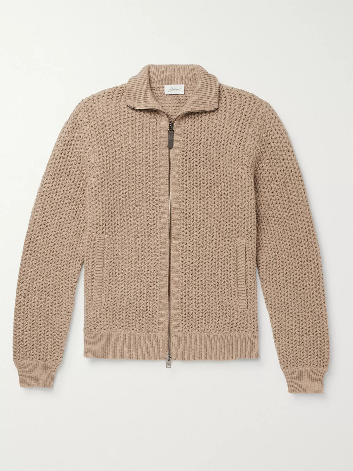 Brioni Textured Cashmere And Cotton-blend Zip-up Cardigan In Brown