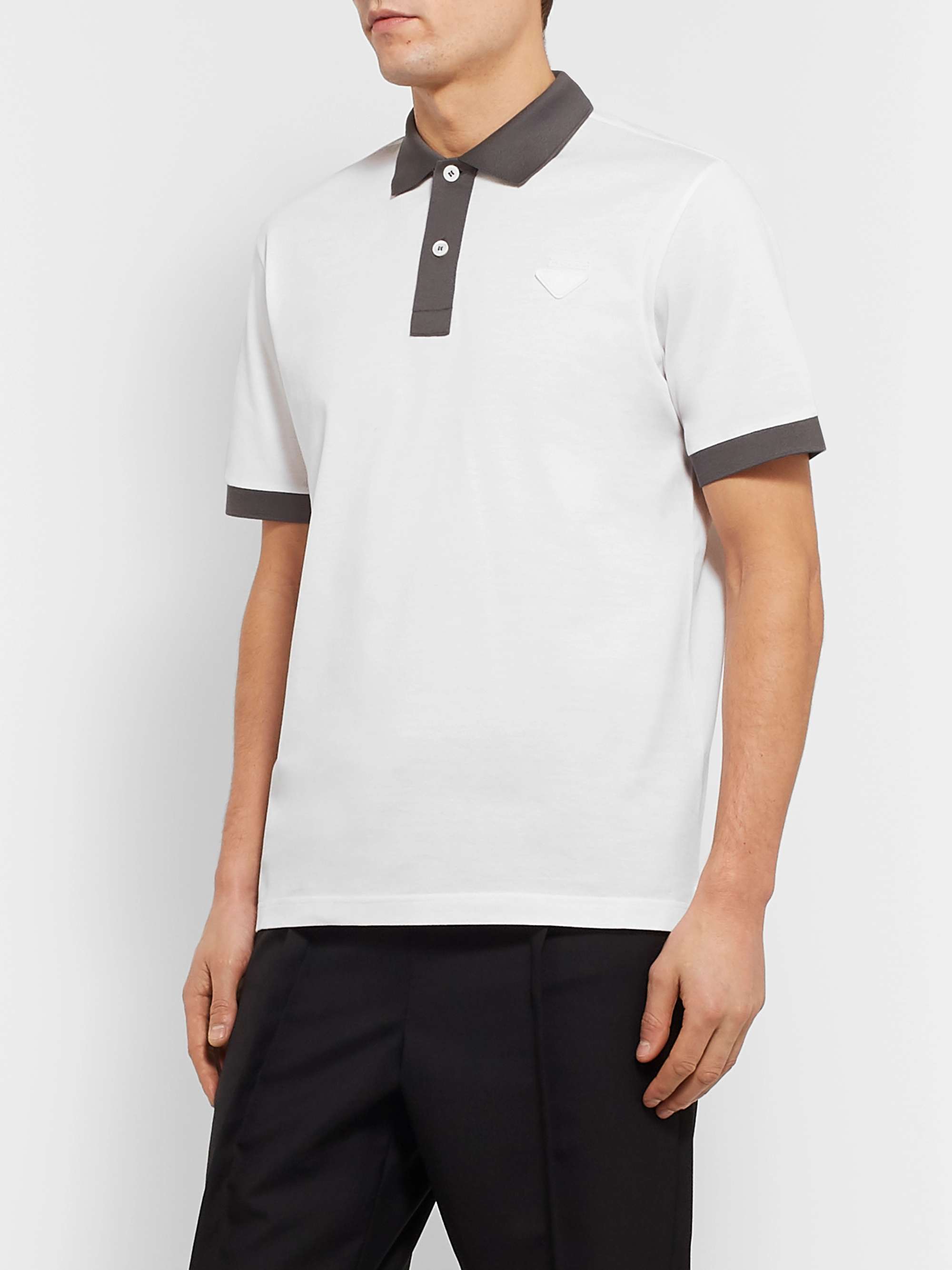 PRADA Slim-Fit Logo-Appliquéd Contrast-Tipped Cotton-Piqué Polo Shirt