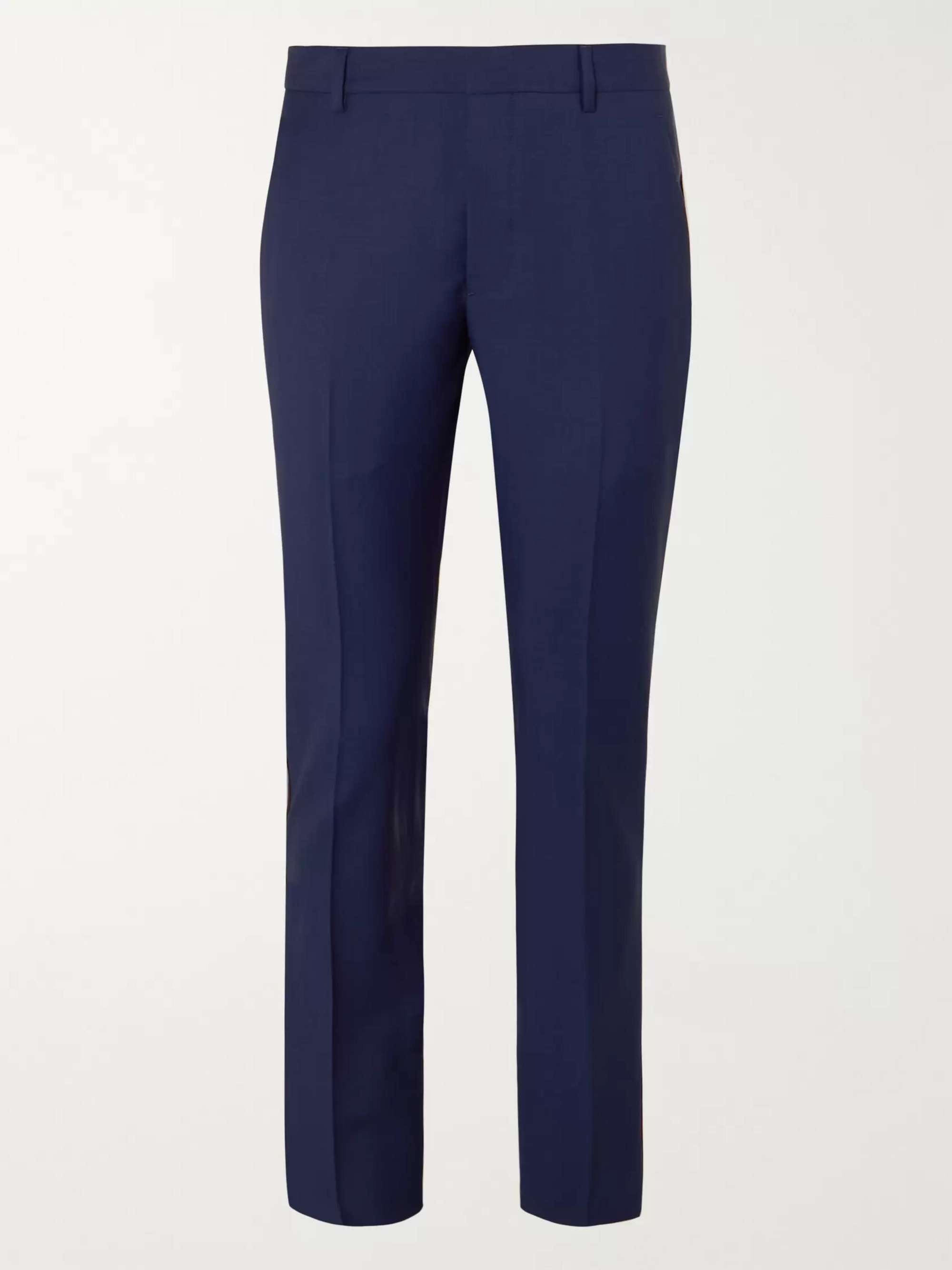 PRADA Navy Slim-Fit Tapered Webbing-Trimmed Virgin Wool and Mohair-Blend Trousers