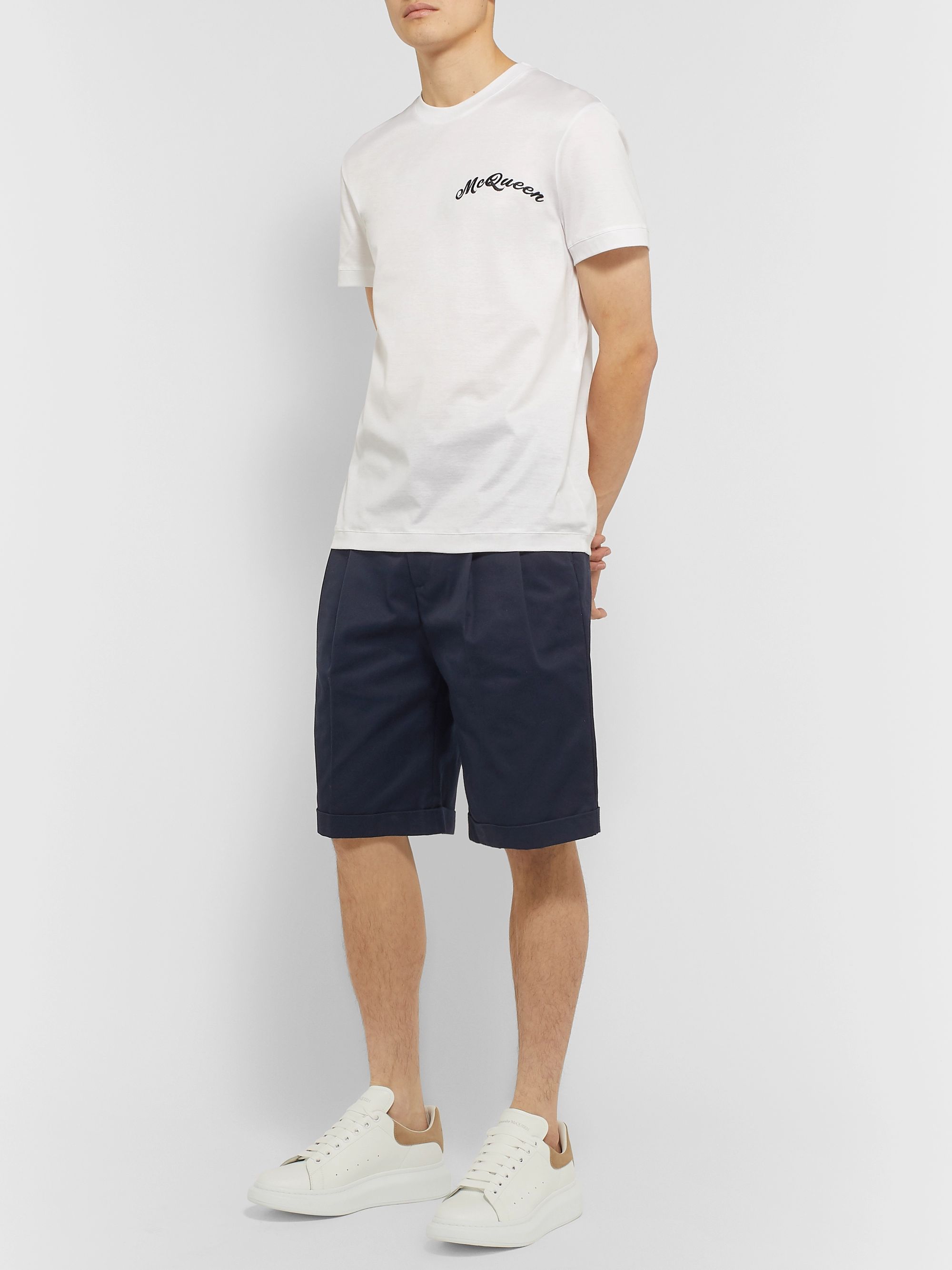 Navy Pleated Cotton-Gabardine Shorts 