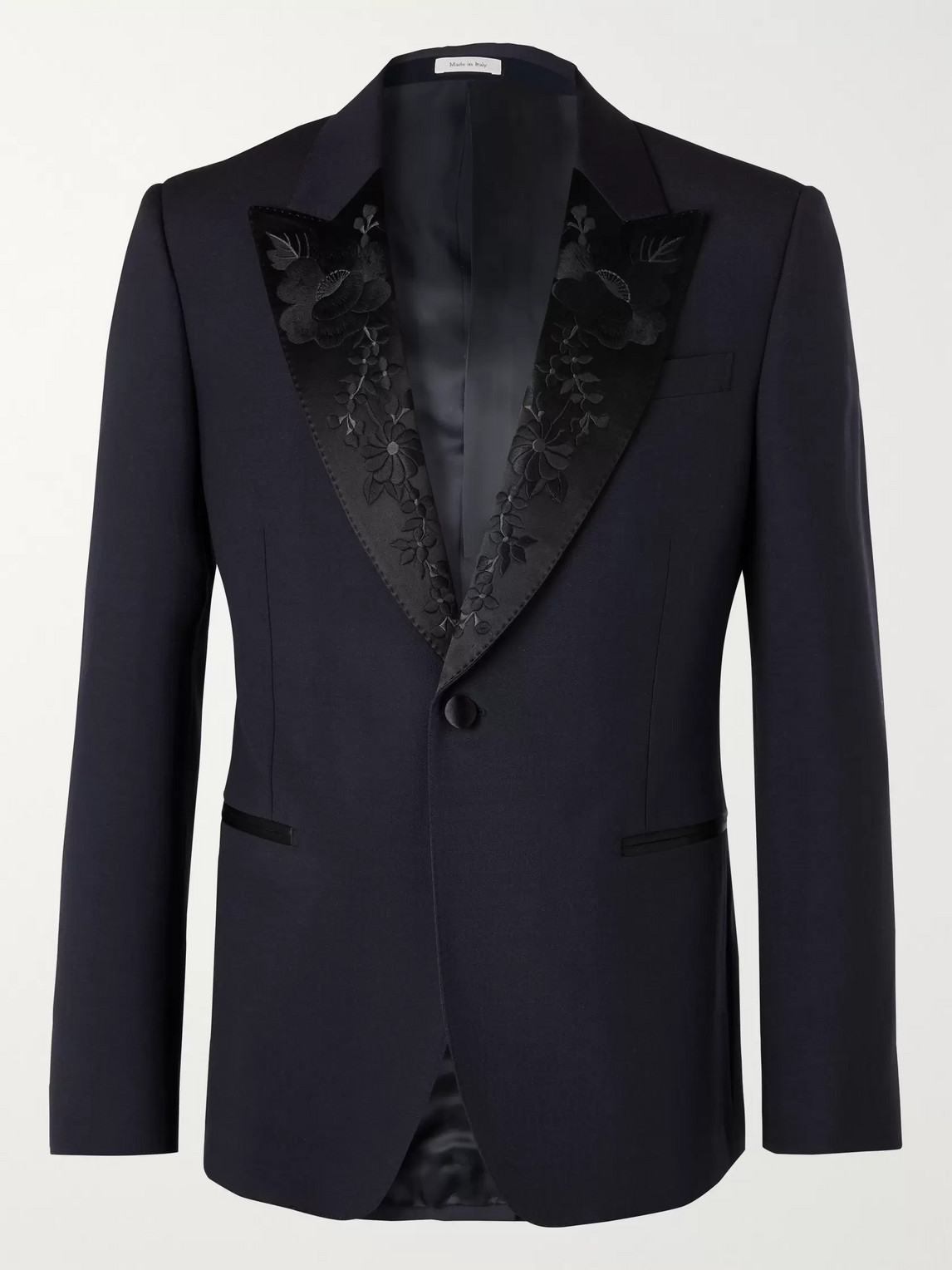 ALEXANDER MCQUEEN NAVY SLIM-FIT SILK-SATIN JACQUARD-TRIMMED WOOL AND MOHAIR-BLEND SUIT JACKET