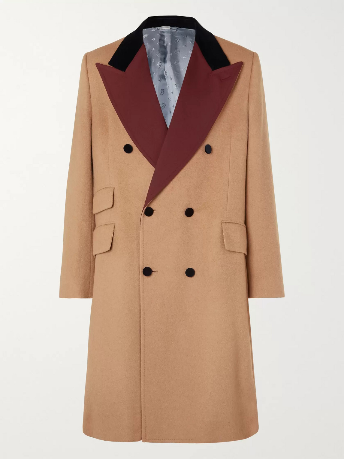 Gucci Velvet And Twill-trimmed Double-breasted Camel Hair Coat In Beige