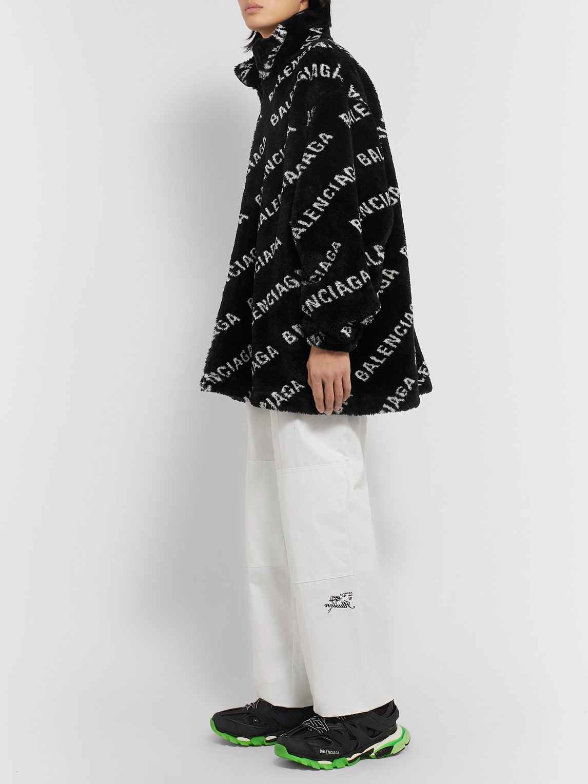 Balenciaga Oversized Logo-print Faux Fur Jacket In Black