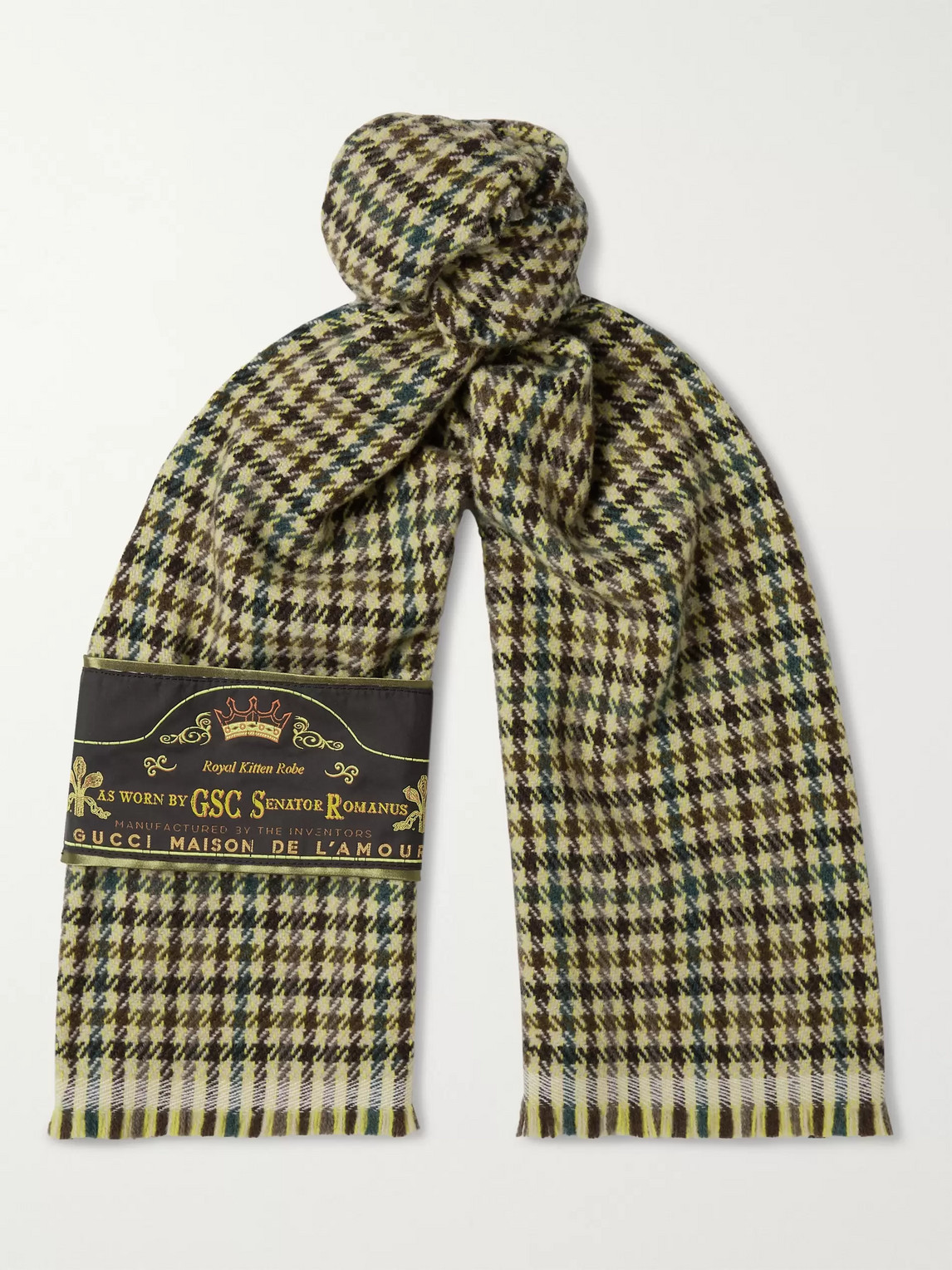Gucci Embellished Fringed Houndstooth Wool And Cashmere-blend Scarf In Yellow