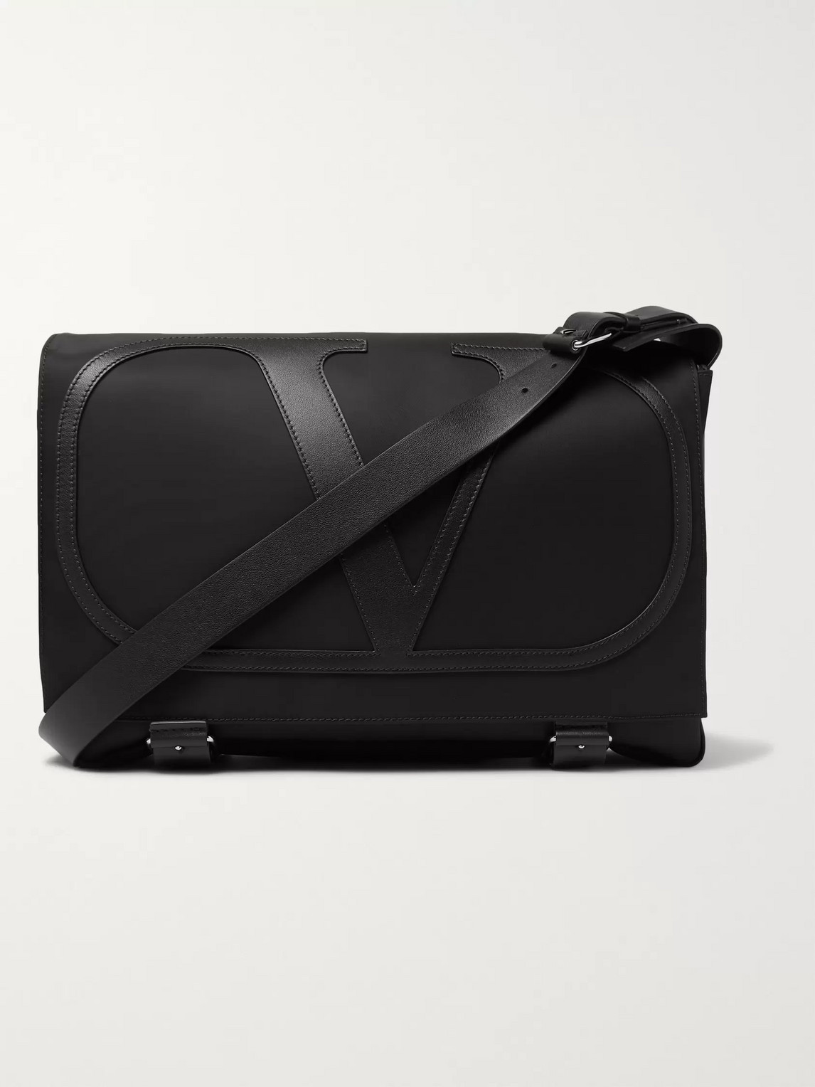 Valentino Garavani Logo-detailed Leather-trimmed Nylon Messenger Bag In Black